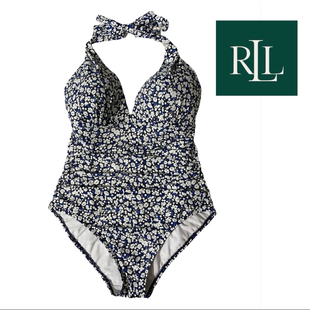 Lauren By Ralph Lauren Bathing Suit Sz 6 Halter Floral Blue Slimming Flattering